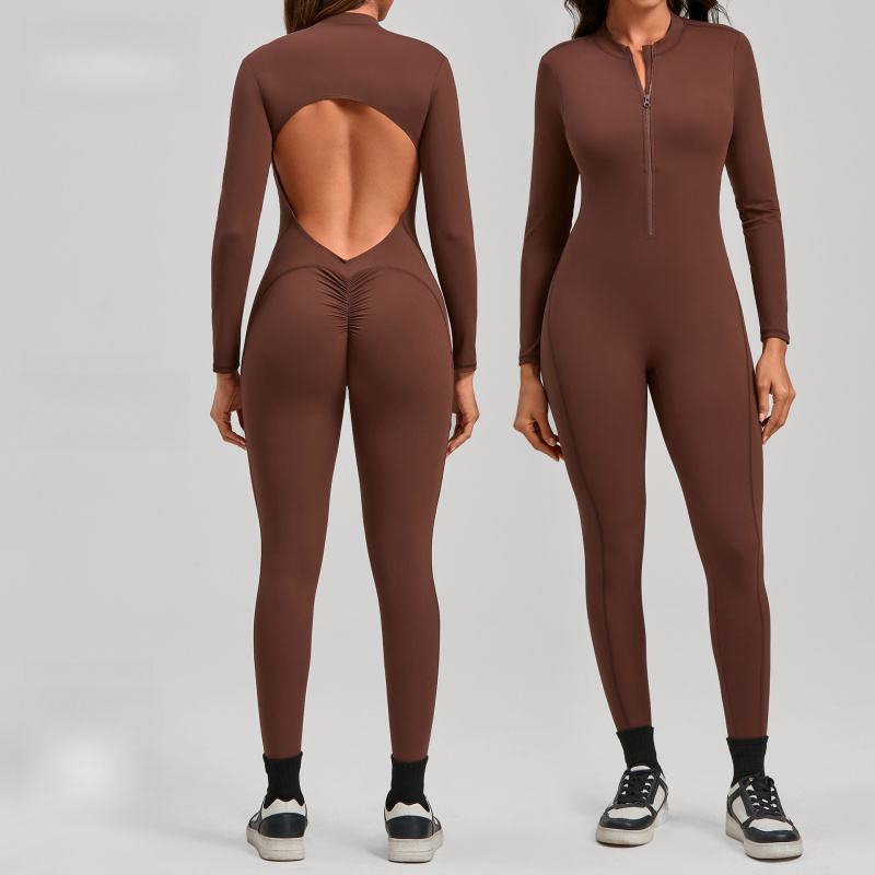 Yoga Fitness Jumpsuit - 지퍼형 긴팔 누드톤 요가 점프수트 여성용