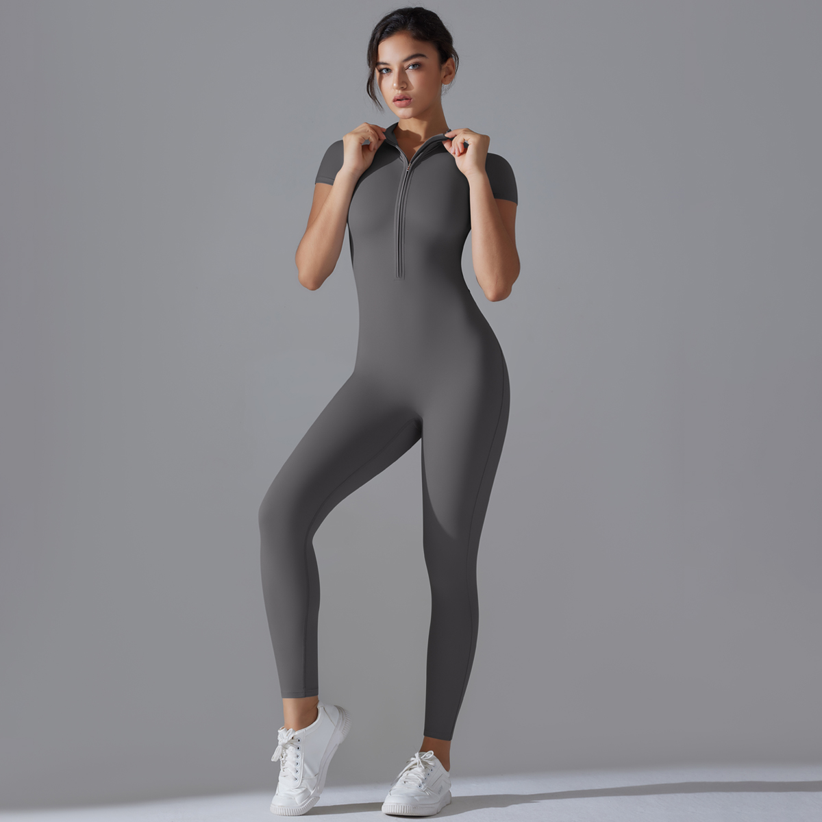 요가 세트 여성 점프 슈트 원피스 양복 지퍼 짧은 소매 - Yoga Fitness Jumpsuit 리뷰 및 가격