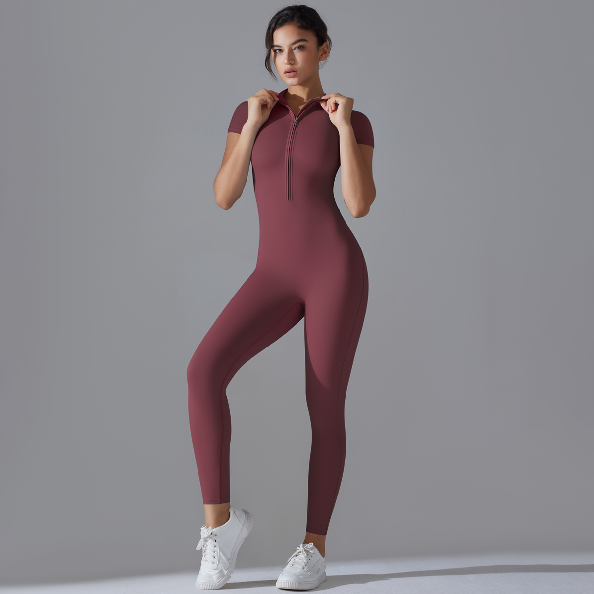 요가 세트 여성 점프 슈트 원피스 양복 지퍼 짧은 소매 - Yoga Fitness Jumpsuit 리뷰 및 가격