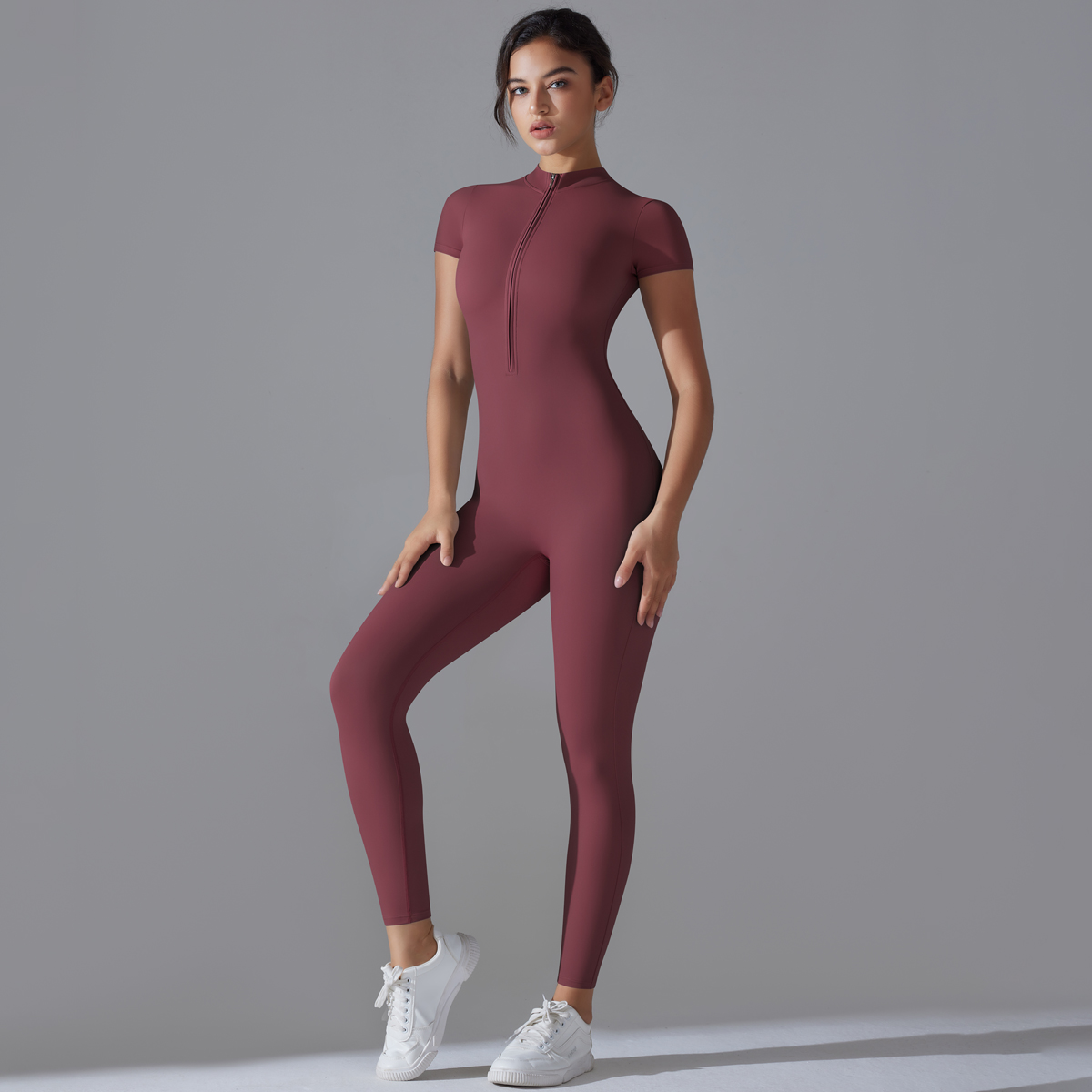 요가 세트 여성 점프 슈트 원피스 양복 지퍼 짧은 소매 - Yoga Fitness Jumpsuit 리뷰 및 가격